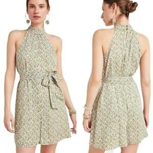 By Anthropologie Maddie Green Print Sleeveless High Neck Romper Size Small